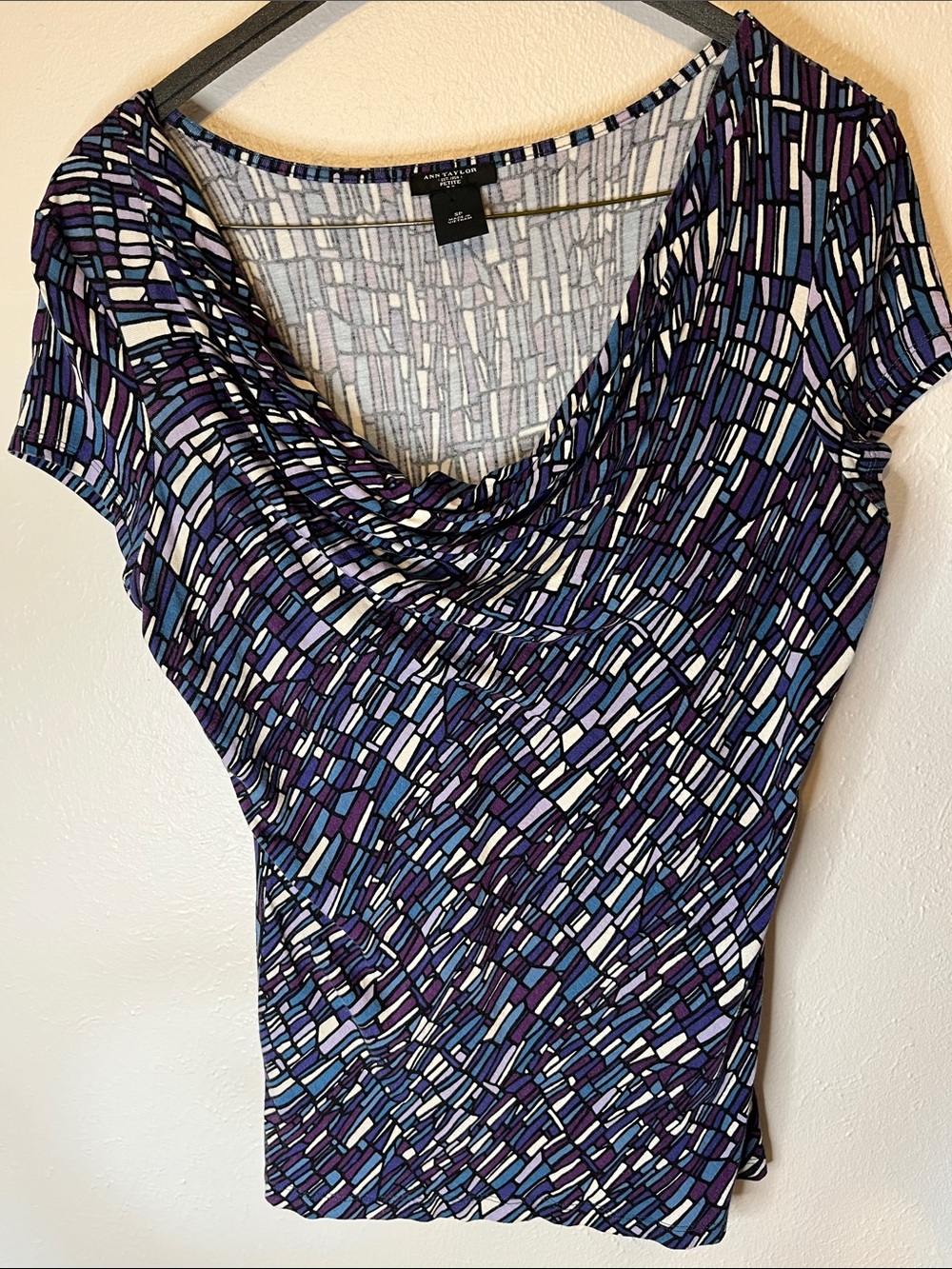 Ann Taylor Purple and Blue Geometric Cowl Neck Short Sleeve Top